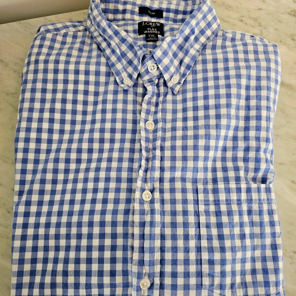 J.Crew Slim Fit Gingham Button Down Shirt Men’s XXL Blue White Preppy Casual